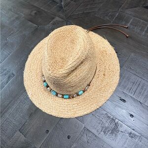 Johnny Was Tan Straw Hat with Turquoise Accents
